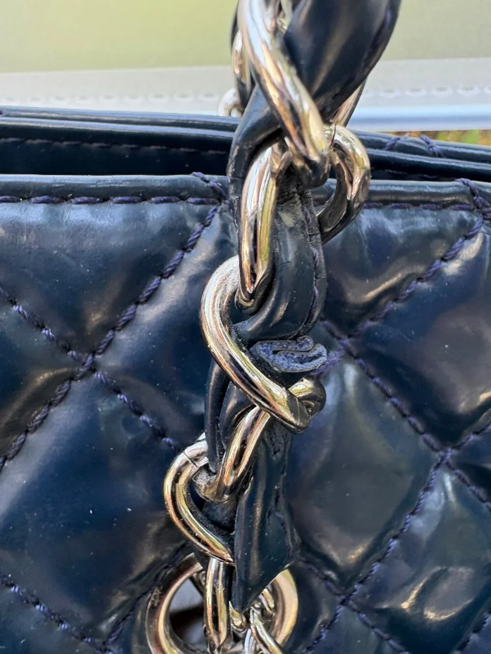CHANEL Navy Blue Quilted Patent Leather Tote Bag Silver Chain Shoulder Bag - Picture 11 of 16